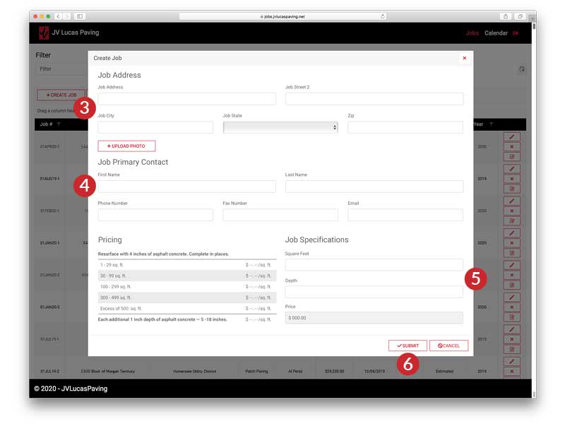 JV Lucas Paving Client Portal Create a Job Screen