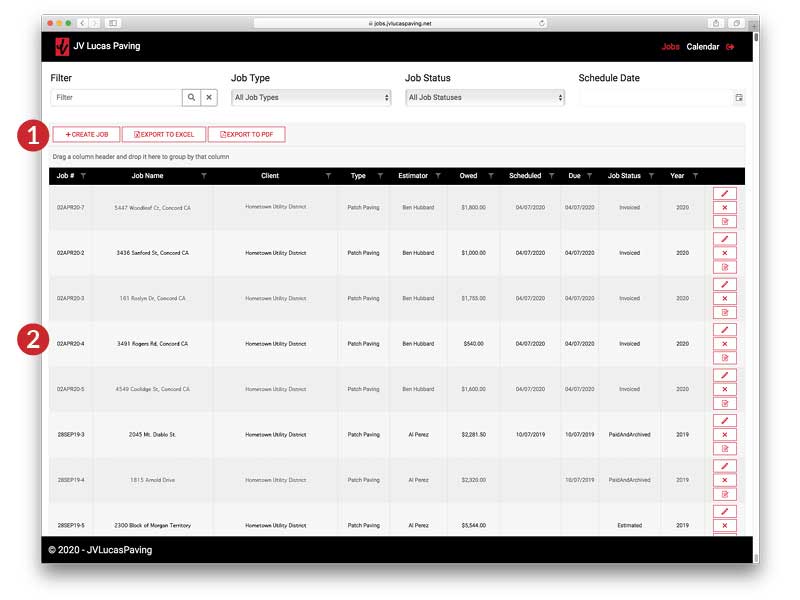 JV Lucas Paving Client Portal Project Grid Screen